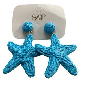 Blue Aqua Raffia Starfish Earrings Beach Pierced Post